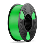 3D printing filament spool, bright green filament with gray perforated hub and black core