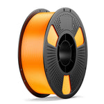 3D printing filament spool, bright orange filament with gray perforated hub and black core