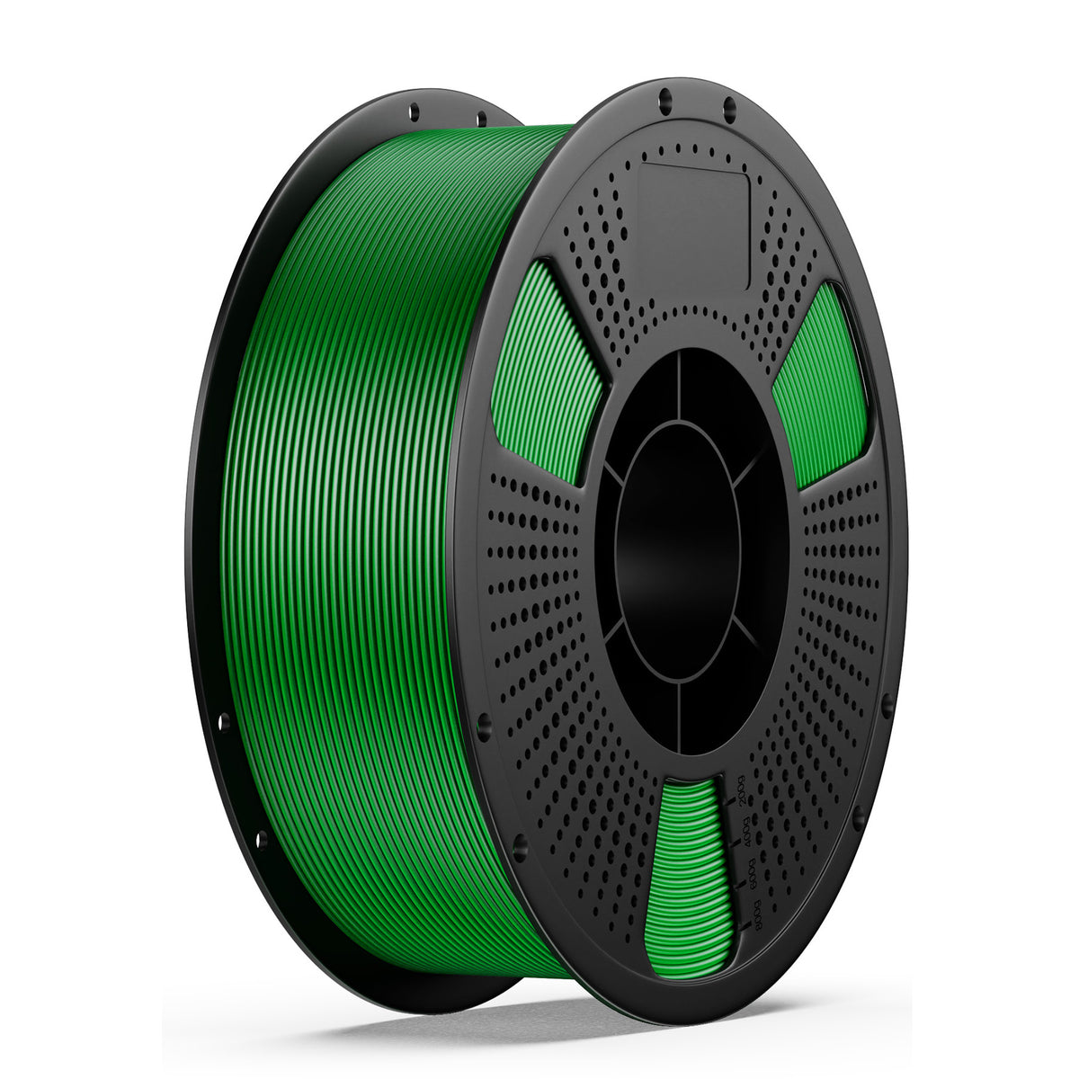 ASA 3D printing filament spool in green on a black perforated wheel