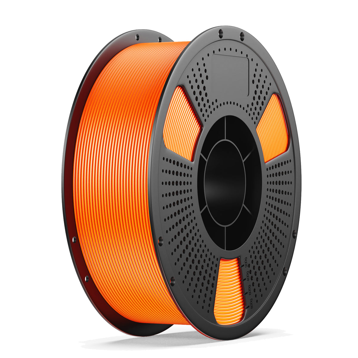 3D printing filament spool with orange filament on a black perforated reel hub