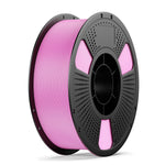 3D printing filament spool with pink filament on a black perforated reel hub