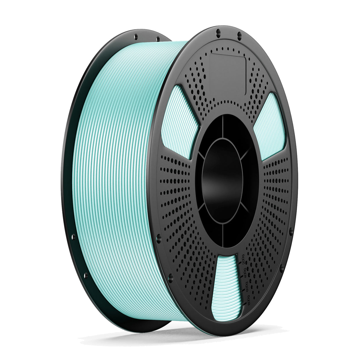 Light teal 3D printing filament spool with black perforated reel frame and wound filament