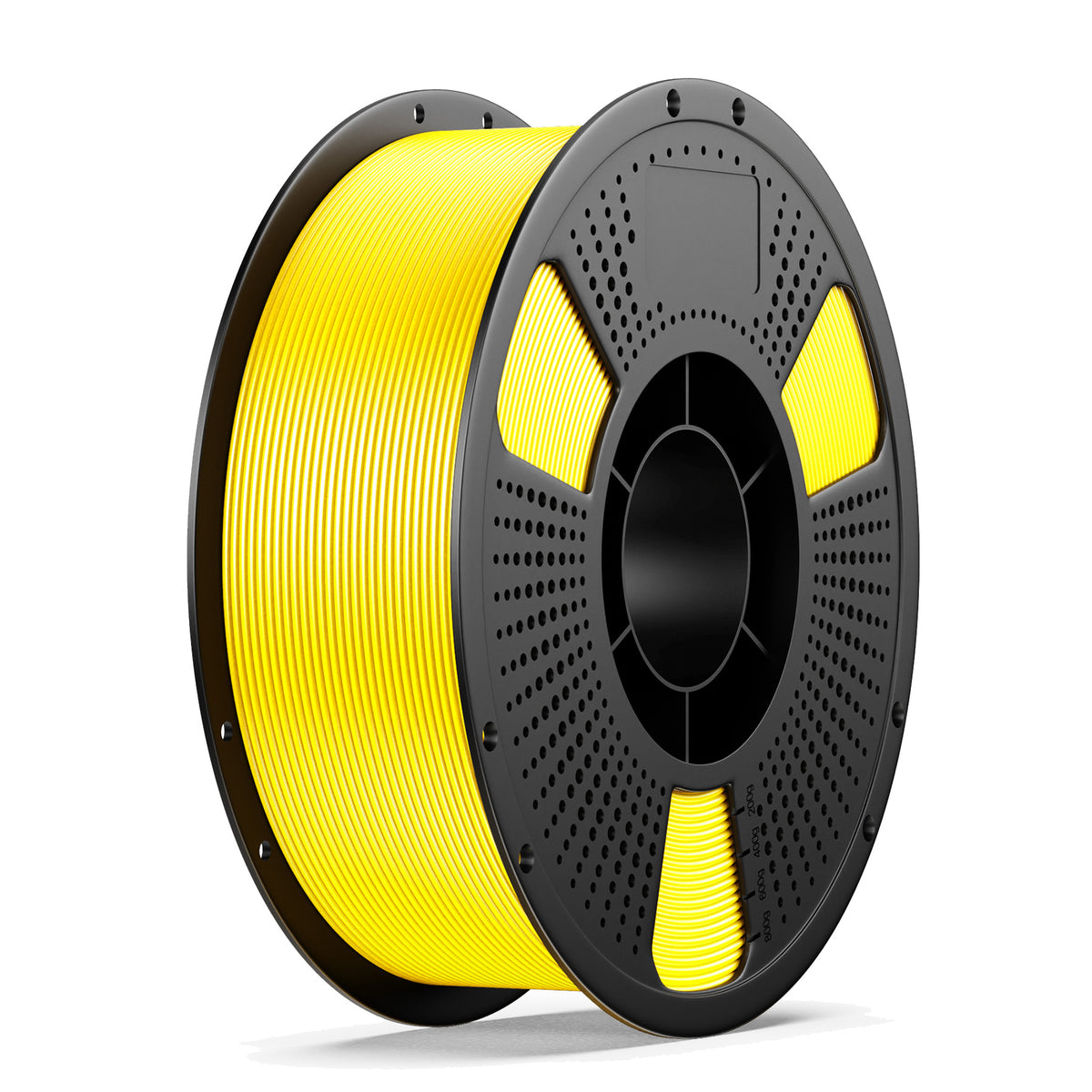 Yellow 3D printing filament spool with black perforated reel frame and wound filament