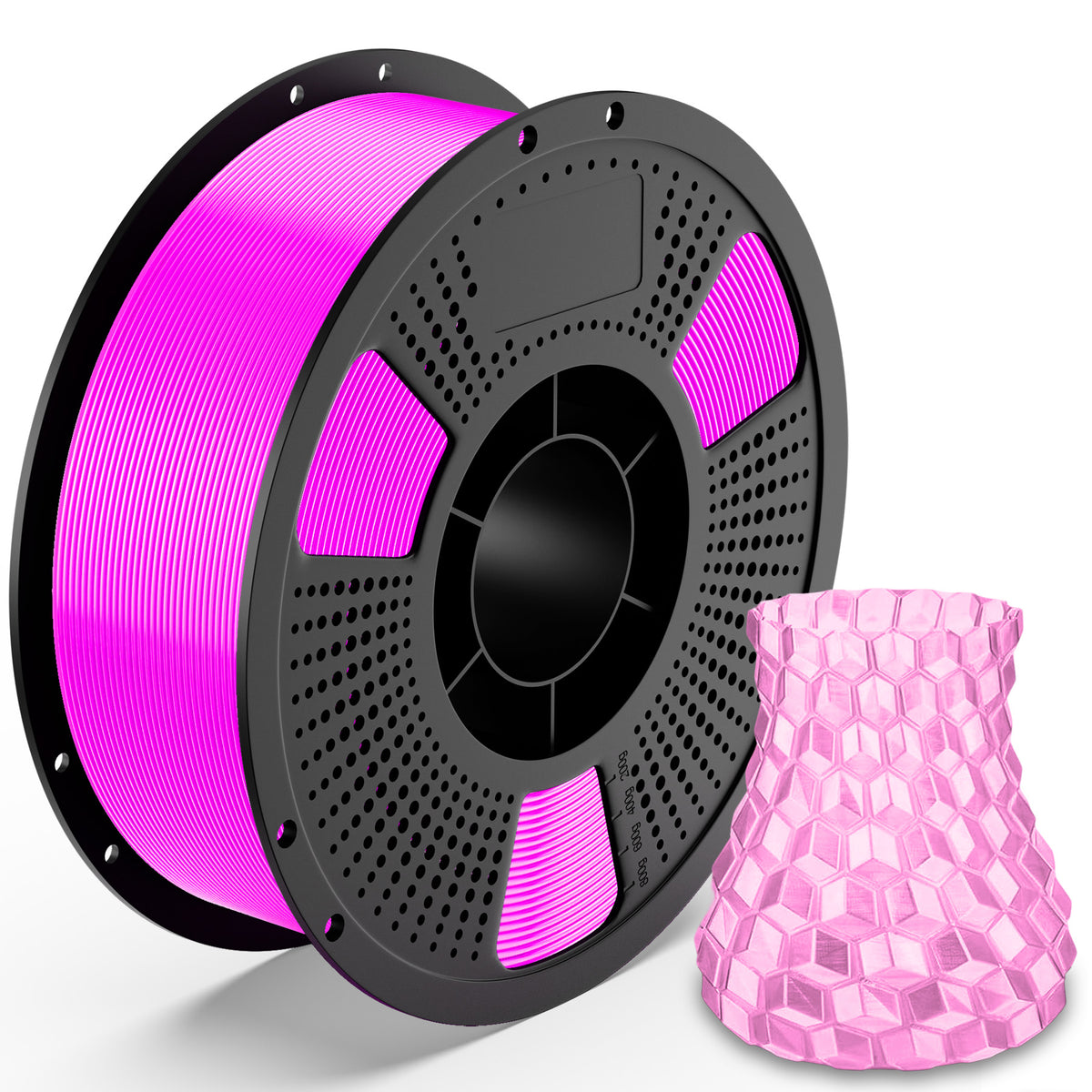 PLA Crystal filament spool with pink translucent hex-pattern filament sample