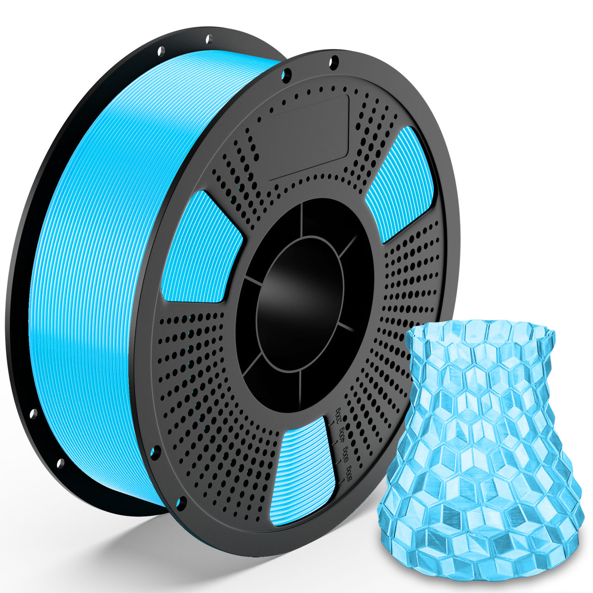 PLA Crystal filament spool with blue translucent hex-pattern filament sample