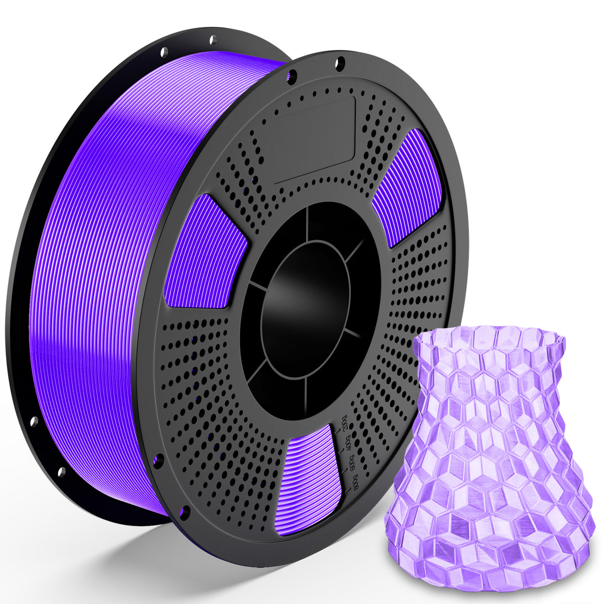 PLA Crystal filament spool with purple translucent hex-pattern filament sample