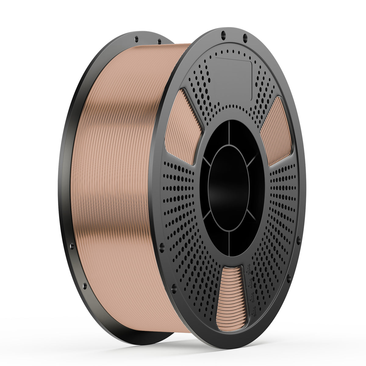 Copper-brown metal wire spool with black perforated reel and center hub