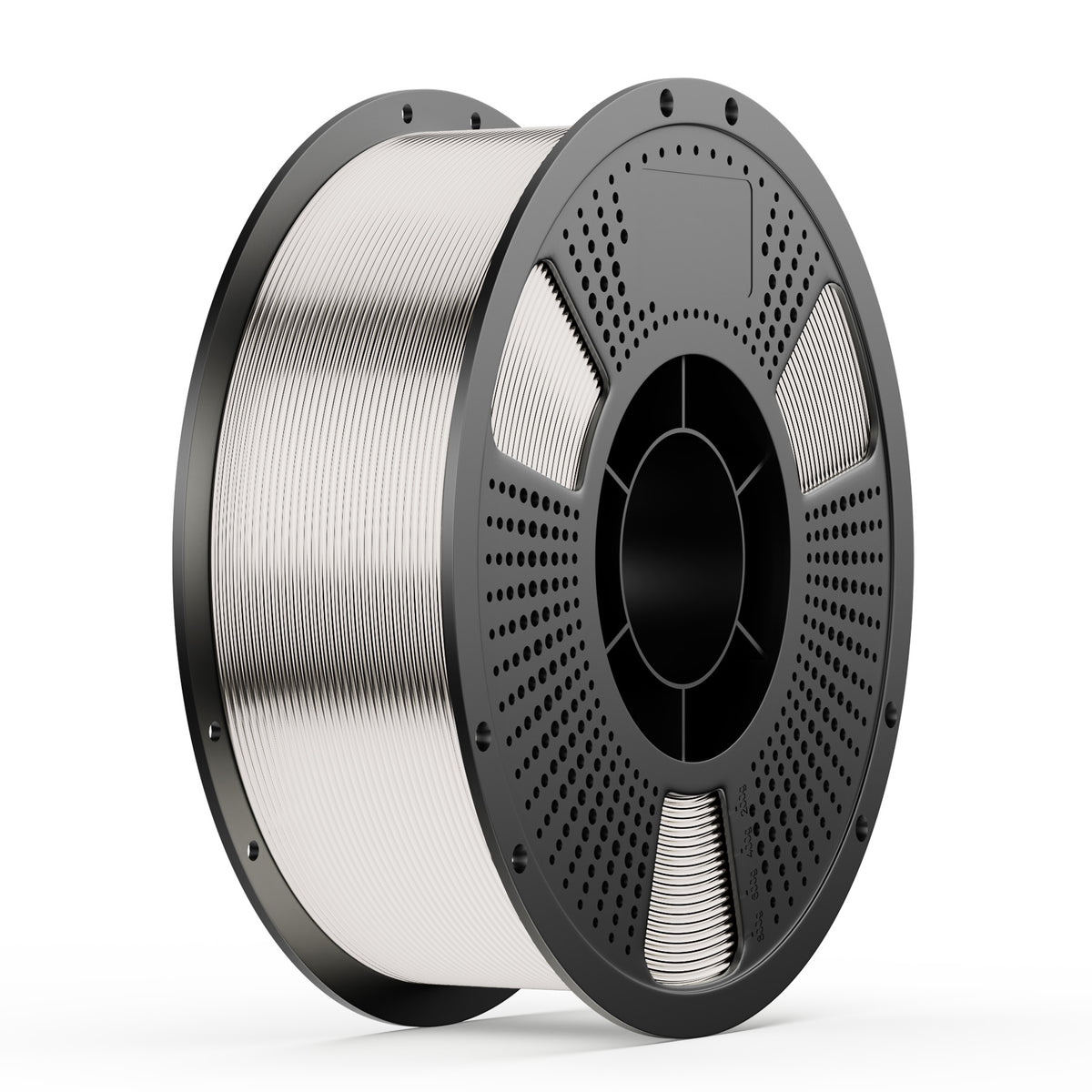 Silver metal wire spool with black perforated reel and center hub
