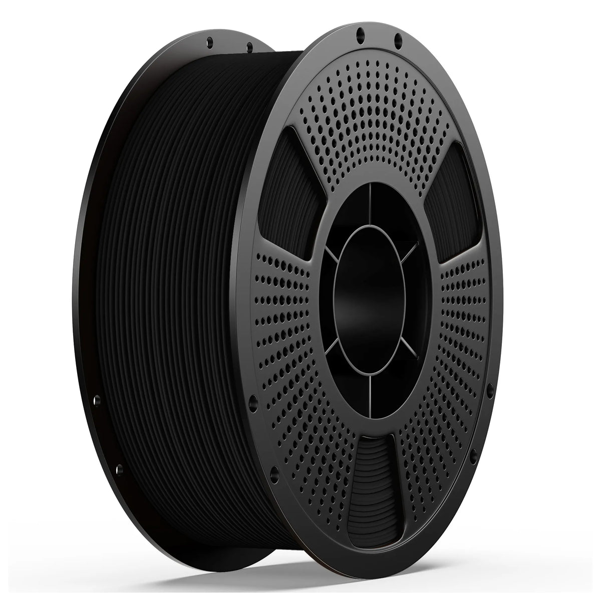 PETG matte filament spool, black spool with perforated gray reel and black filament