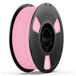 PETG matte filament spool, pink filament on perforated gray reel with black frame