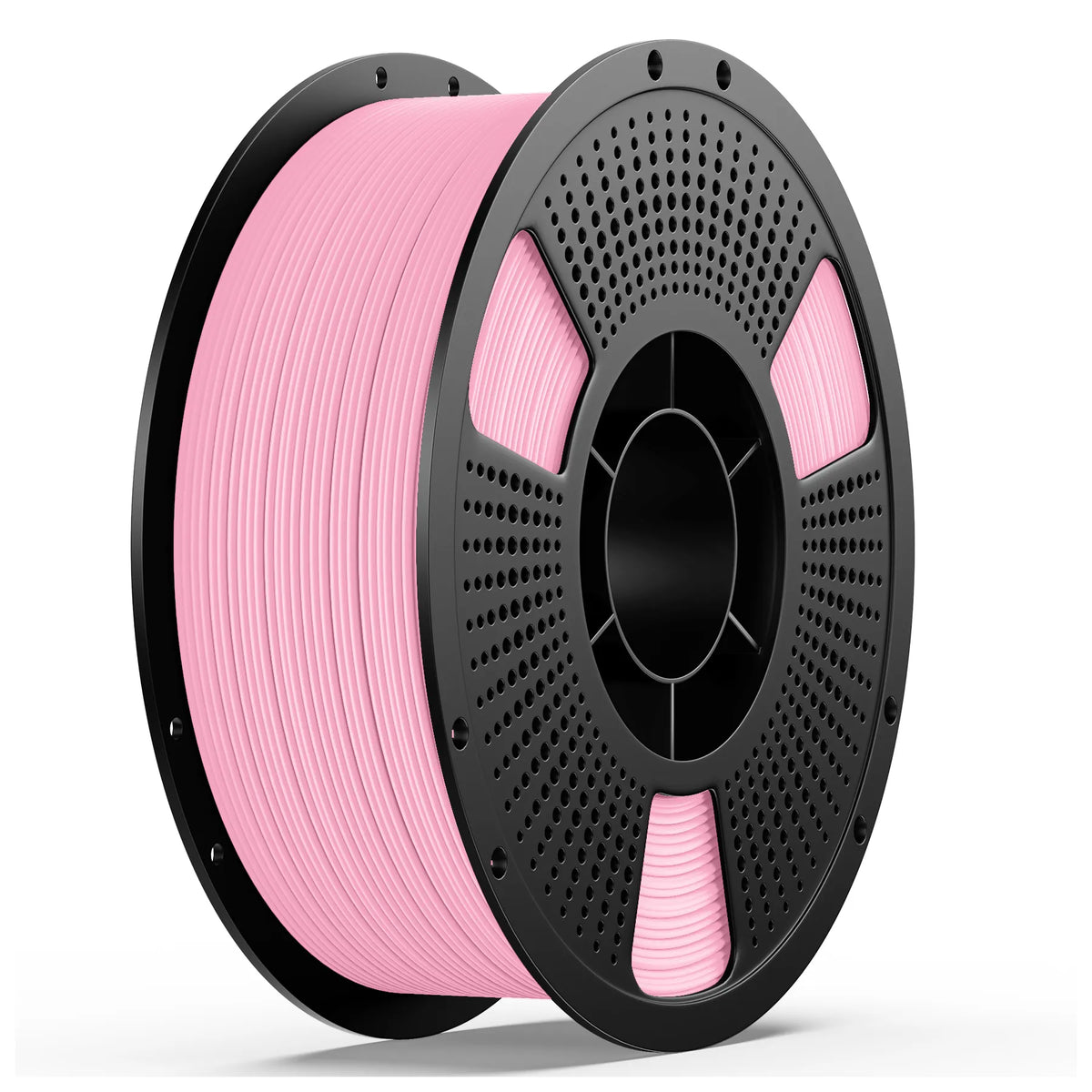 PETG matte filament spool, pink filament on perforated gray reel with black frame
