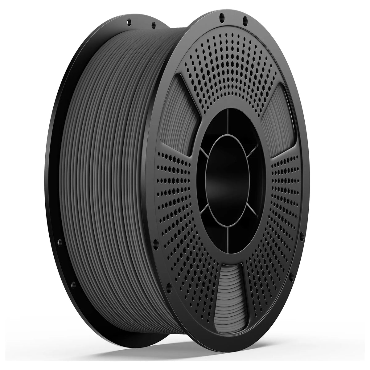 PETG matte filament spool, dark gray filament on perforated gray reel with black frame
