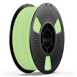 PETG matte filament spool, light green filament on perforated gray reel with black frame