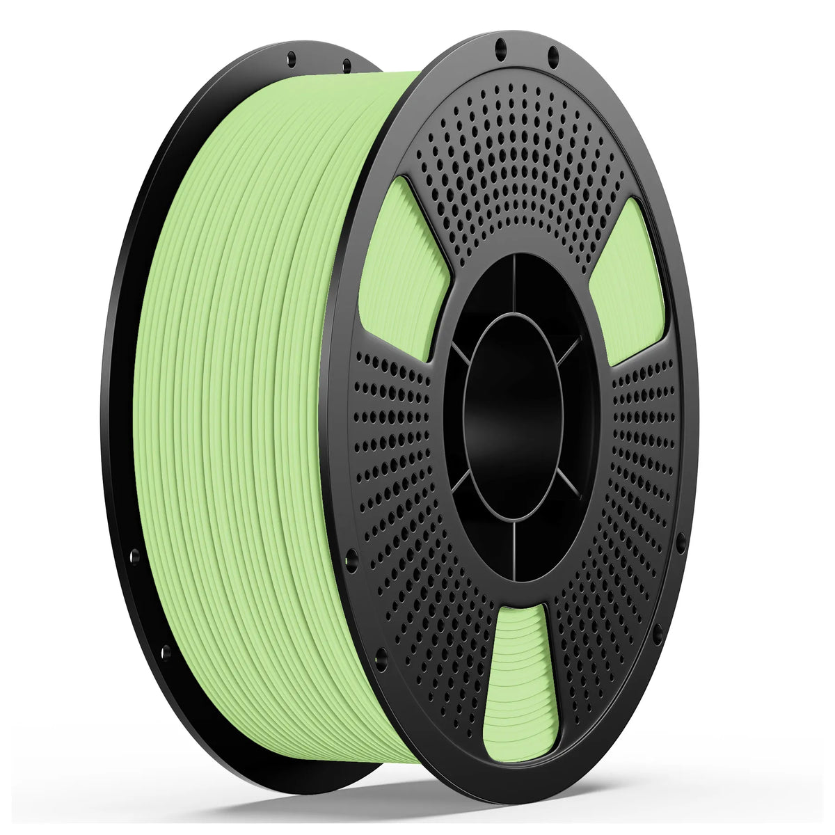 PETG matte filament spool, light green filament on perforated gray reel with black frame