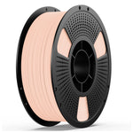 PETG matte filament spool, peach filament on perforated gray reel with black frame