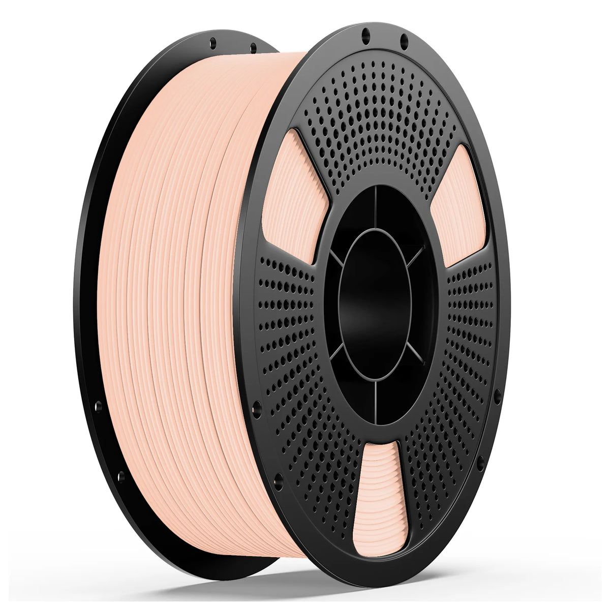 PETG matte filament spool, peach filament on perforated gray reel with black frame