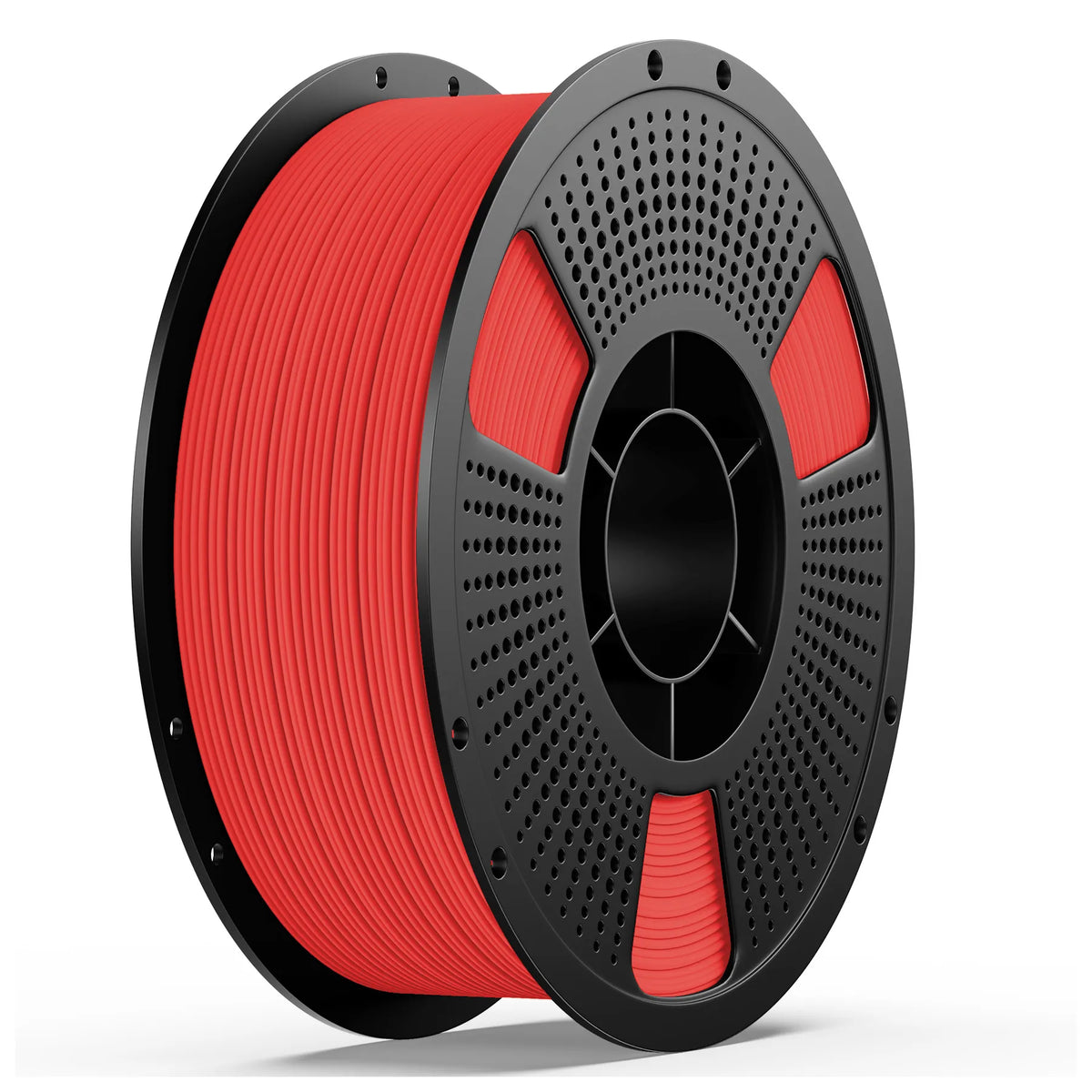 PETG matte filament spool, red filament on perforated gray reel with black frame