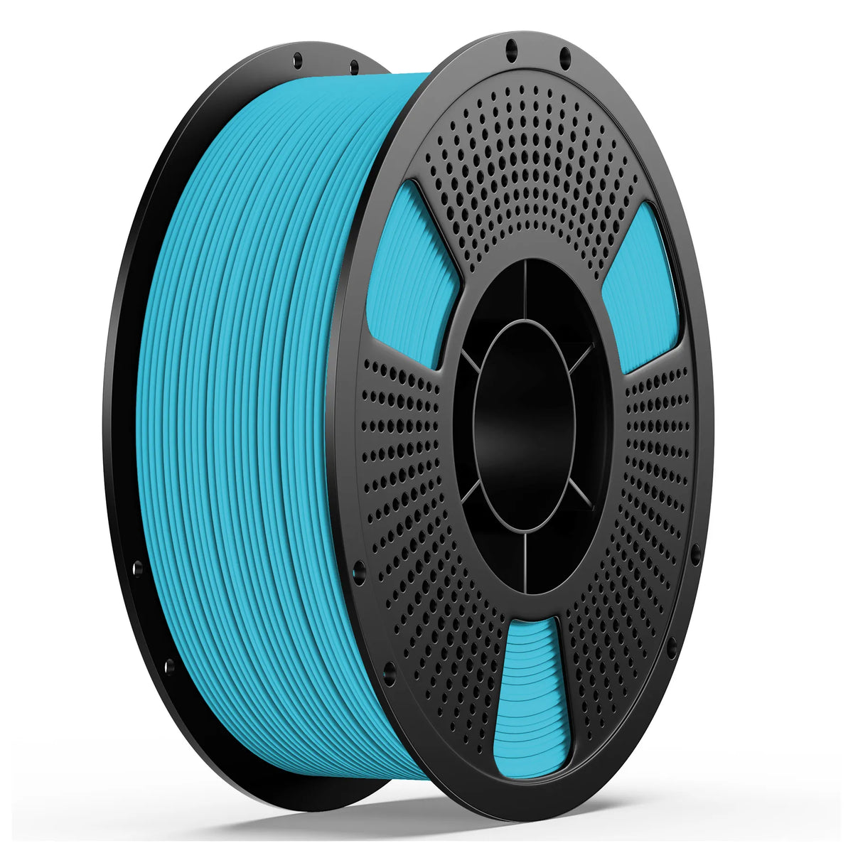 PETG matte filament spool, blue filament on perforated gray reel with black frame