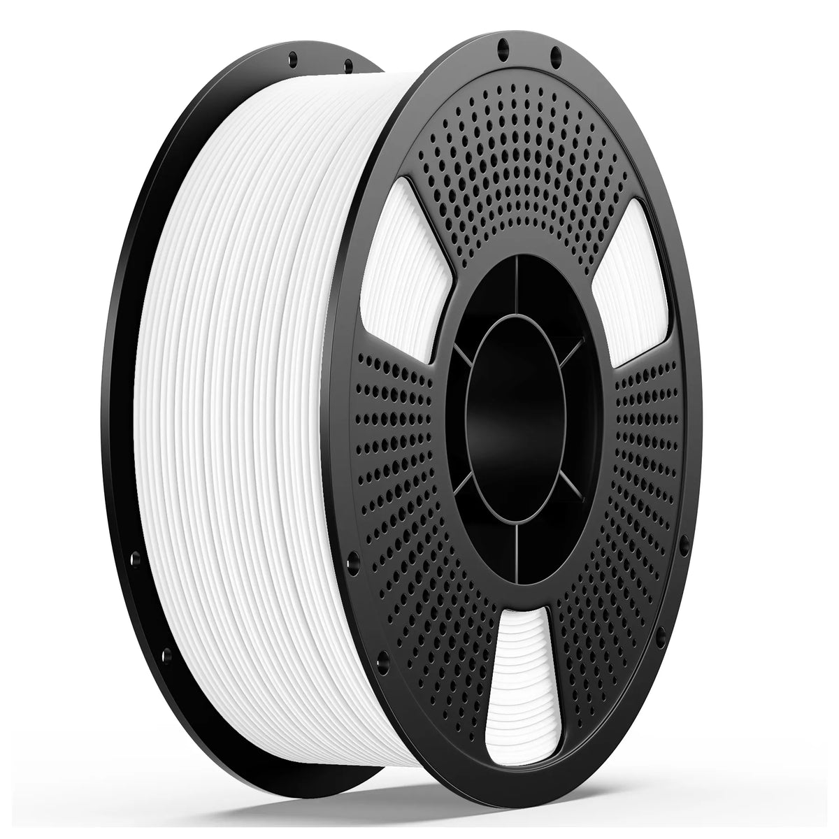 PETG matte filament spool, white filament on perforated gray reel with black frame
