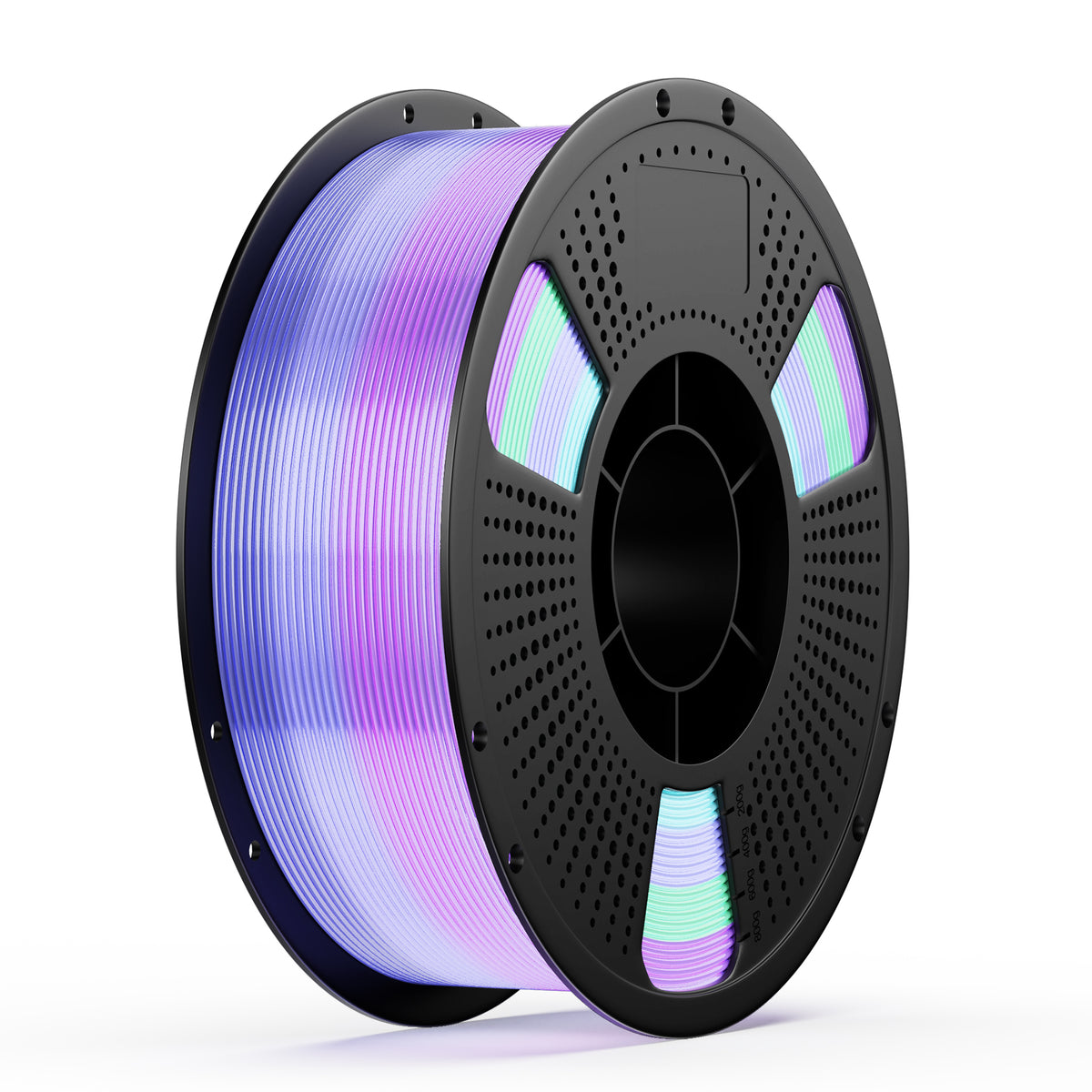 Bright rainbow silk PLA filament spool, vivid multi-color shift