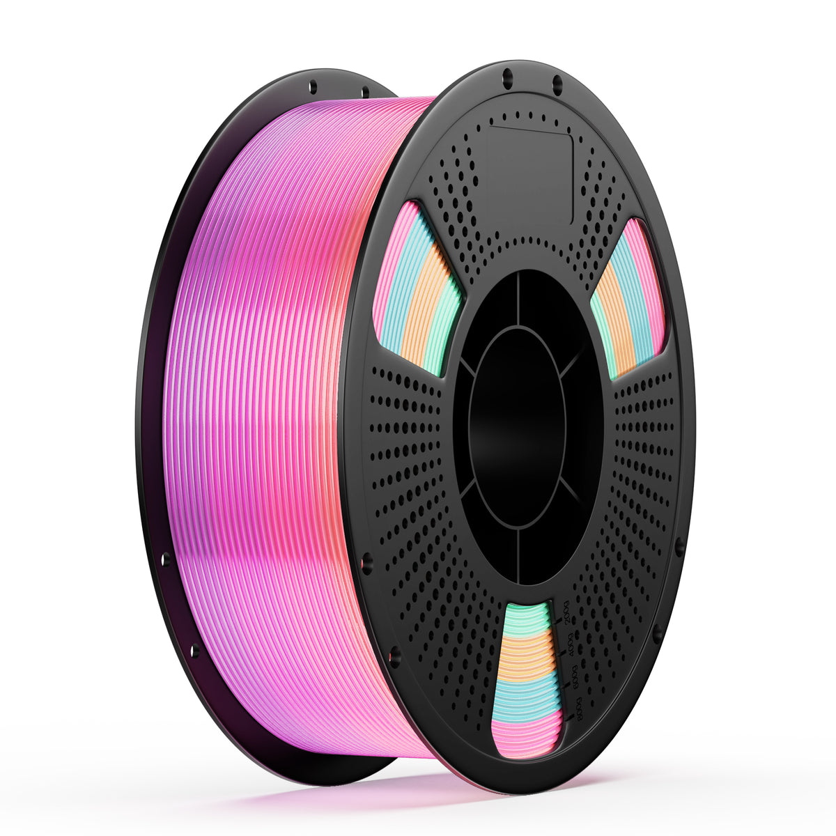 Dreamy iridescent silk PLA filament spool, soft rainbow tones
