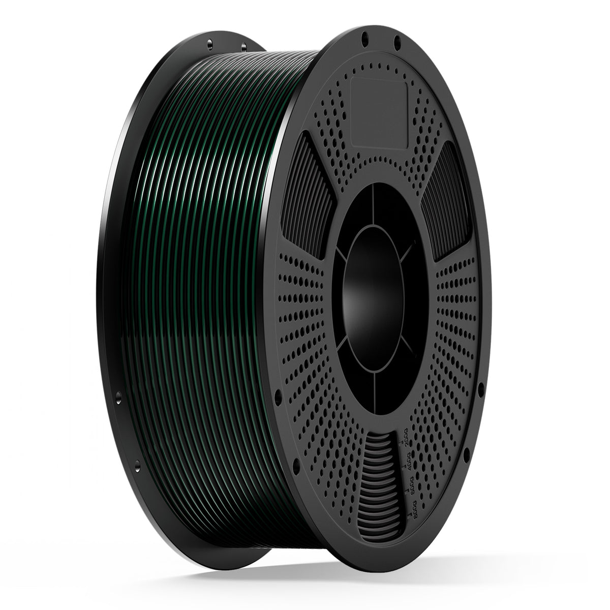 3D printing filament spool with dark green filament on black dual-color reel