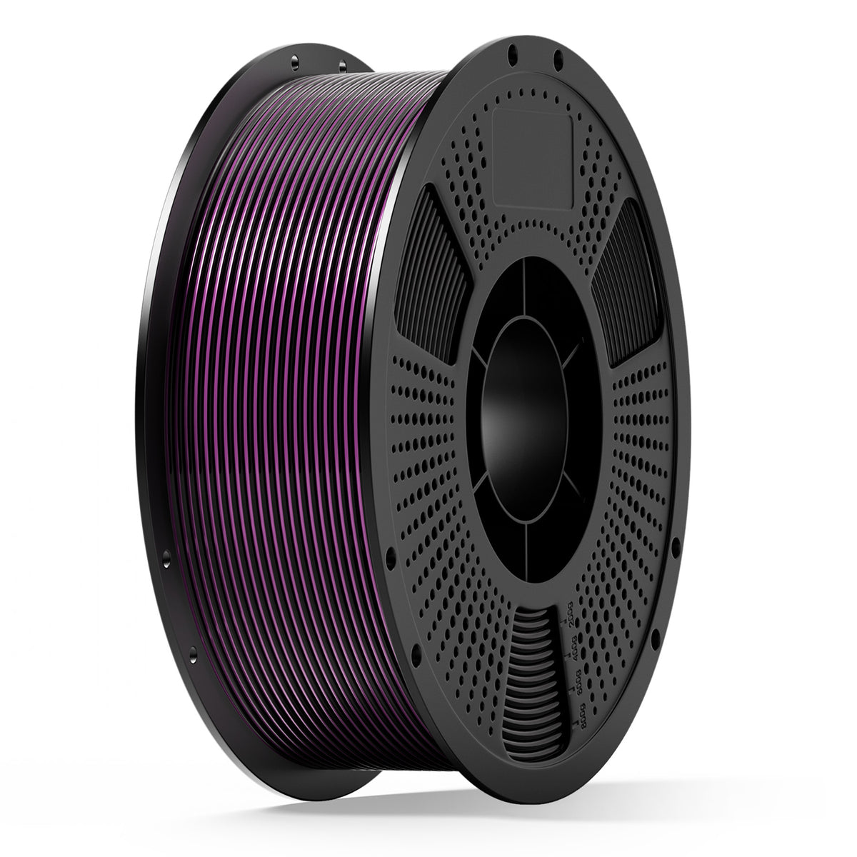 3D printing filament spool with purple filament on black dual-color reel