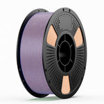 3D printing filament spool with tri-color filament: purple, blue, and orange accents