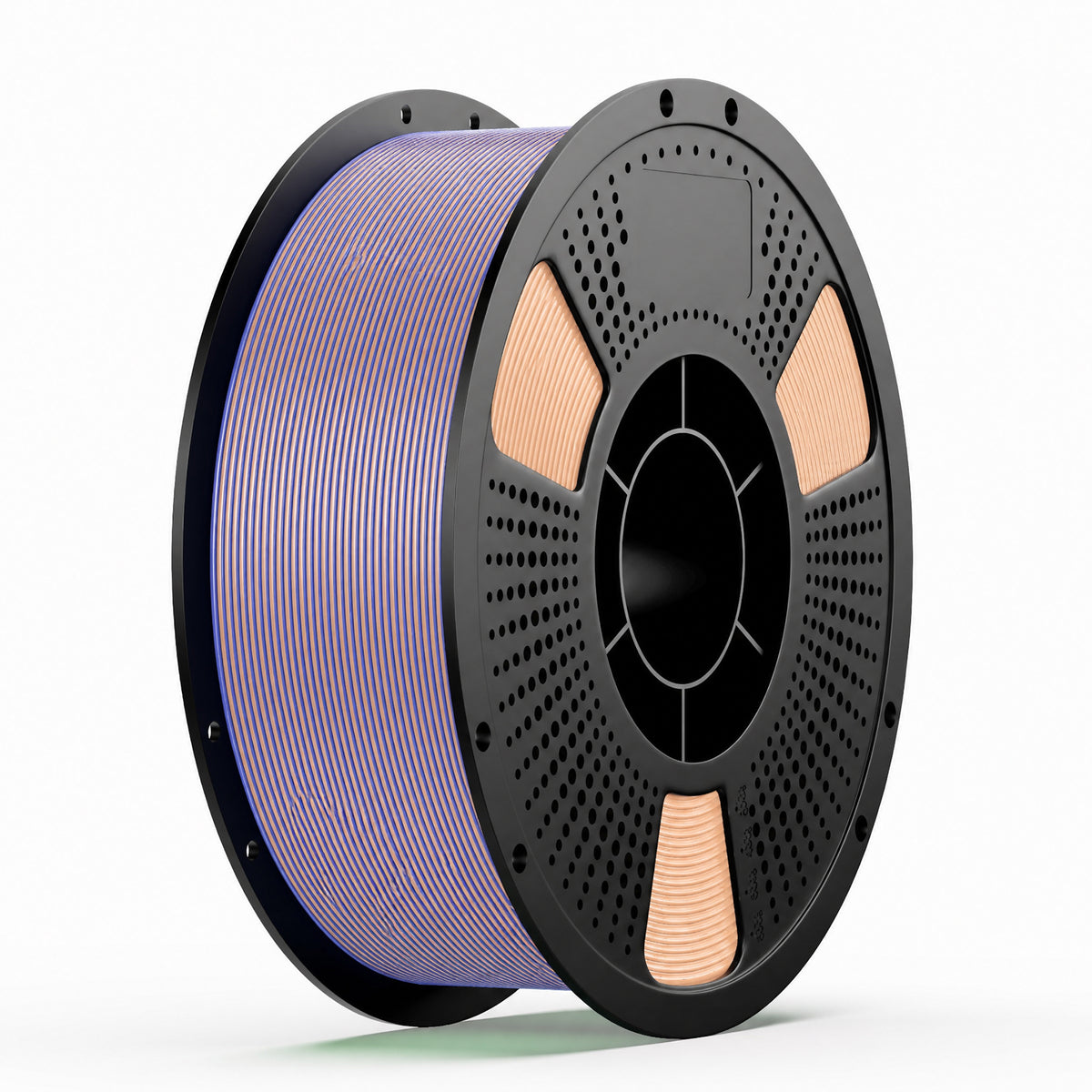 3D printing filament spool with tri-color filament: purple, blue, and orange accents