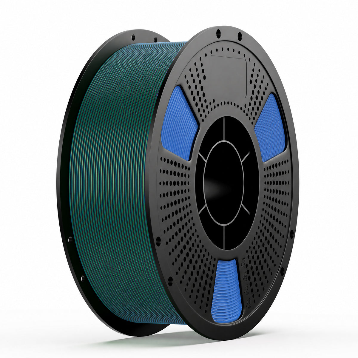 3D printing filament spool with tri-color filament: teal/green and blue accents