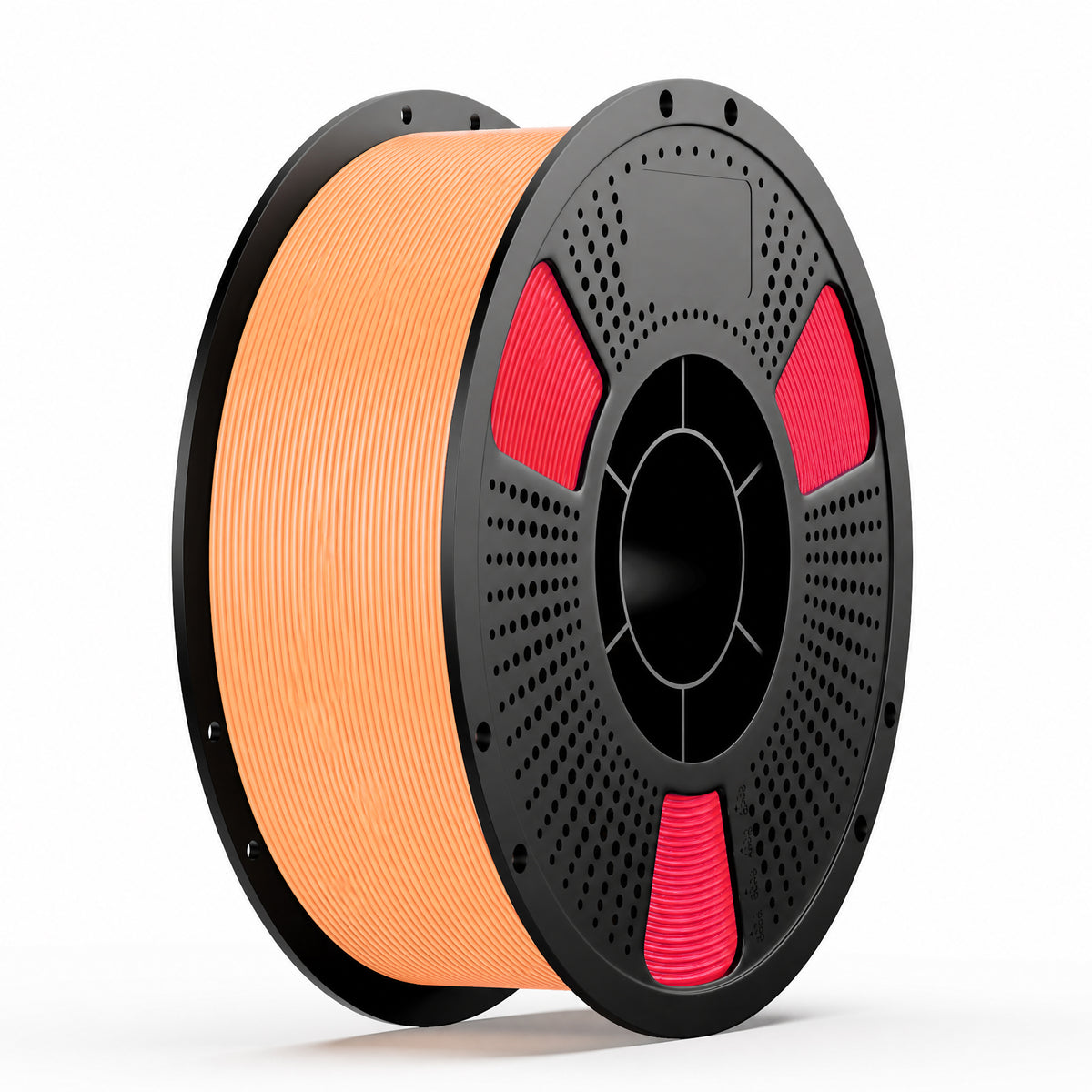 3D printing filament spool with tri-color filament: orange with red accents