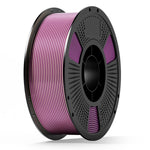 3D printing filament spool with pink and purple coiled filament on a gray reel