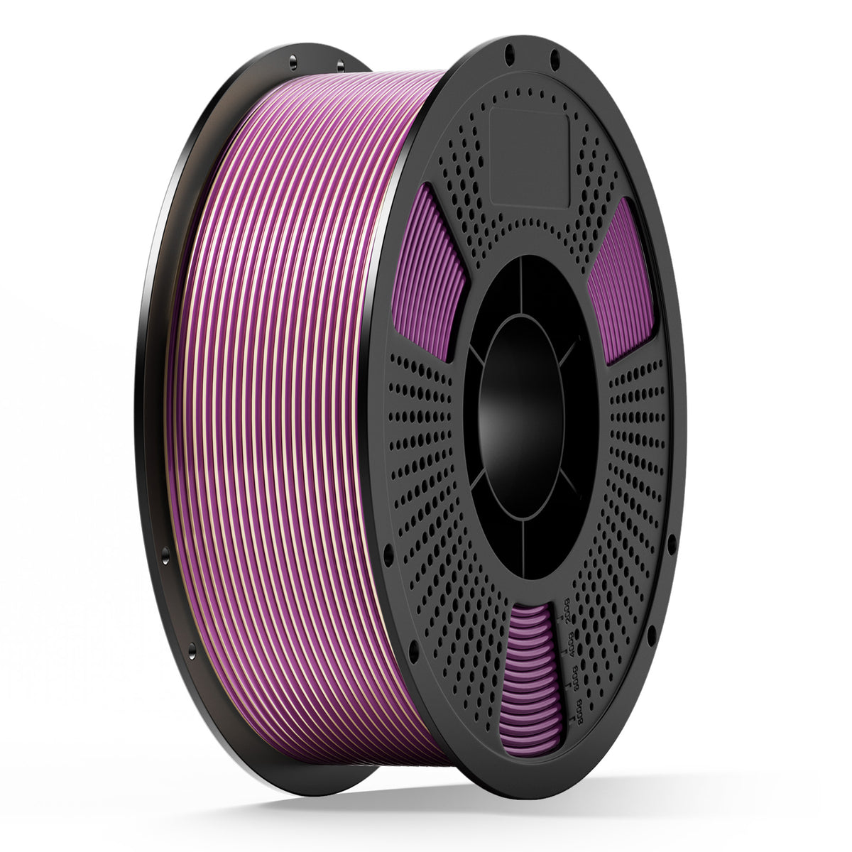 3D printing filament spool with pink and purple coiled filament on a gray reel