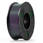 3D printing filament spool with green and purple coiled filament on a gray reel