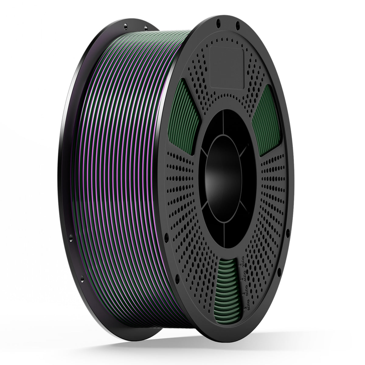 3D printing filament spool with green and purple coiled filament on a gray reel