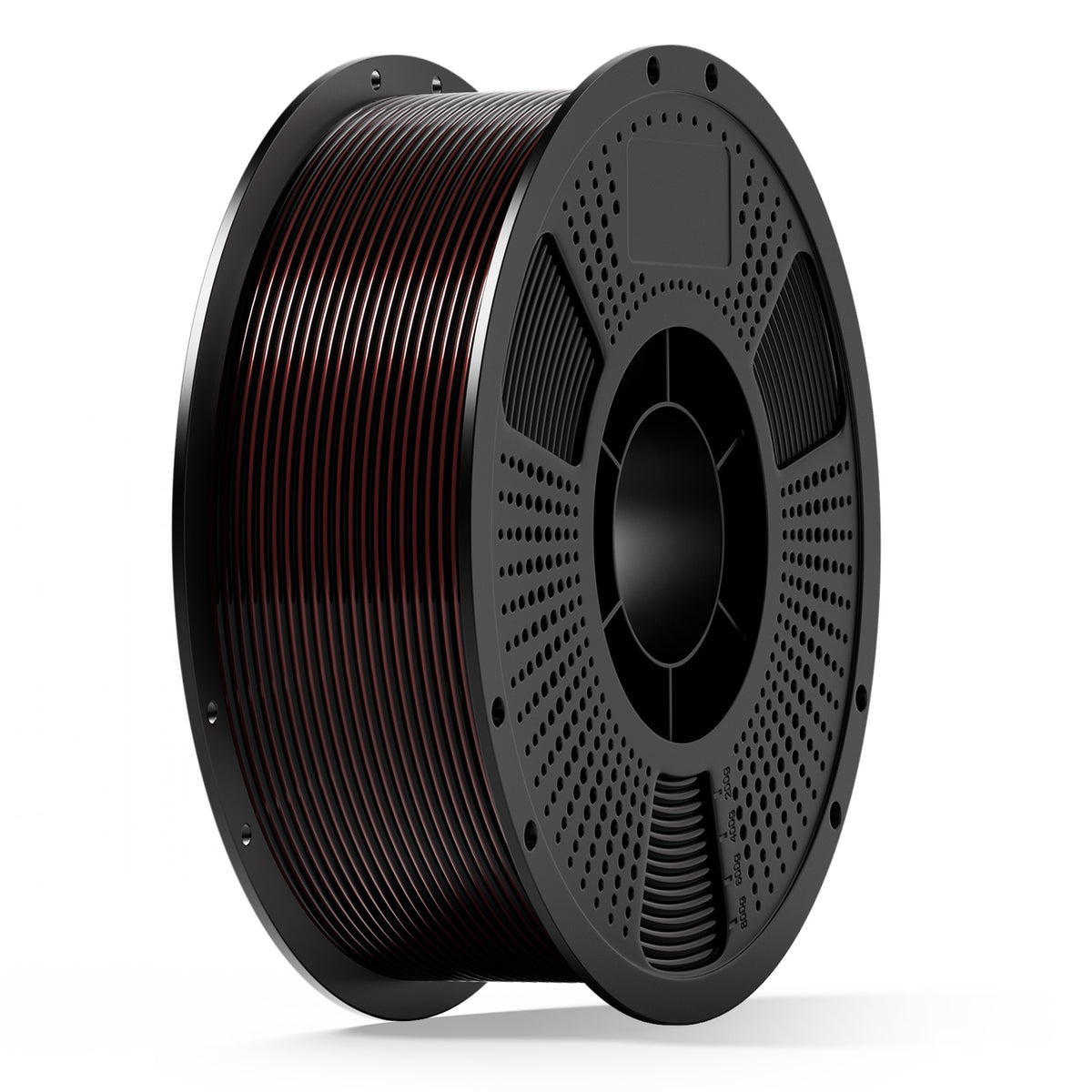 3D printing filament spool with red and black coiled filament on a gray reel