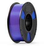 3D printing filament spool with blue and purple coiled filament on a gray reel