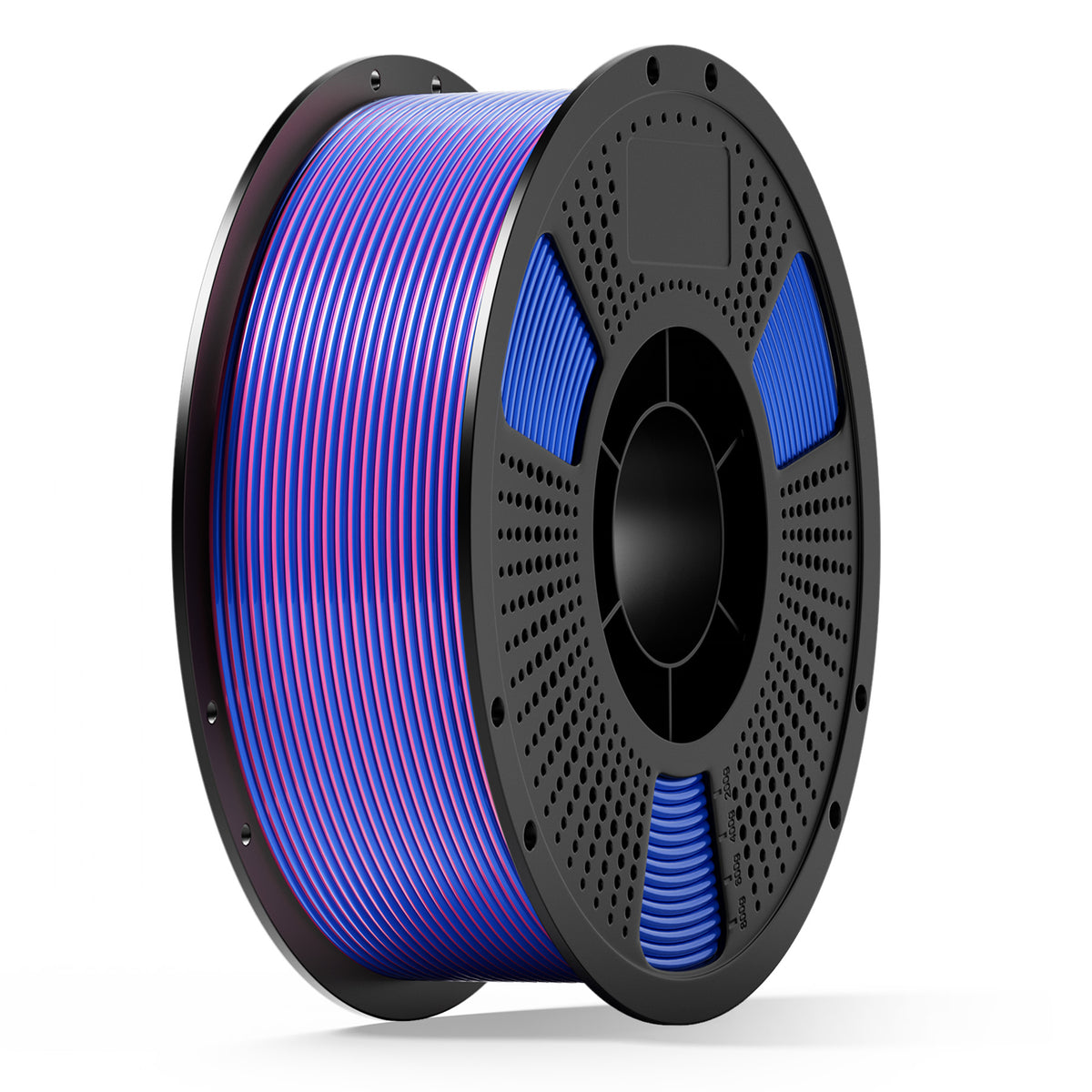 3D printing filament spool with blue and purple coiled filament on a gray reel