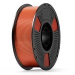 3D printing filament spool with orange and red coiled filament on a gray reel