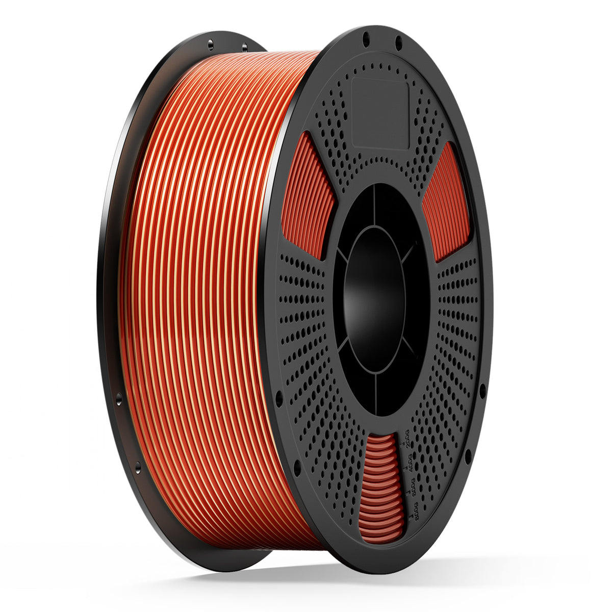 3D printing filament spool with orange and red coiled filament on a gray reel