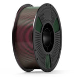 PLA filament spool with rainbow gradient stripes on a dark gray reel