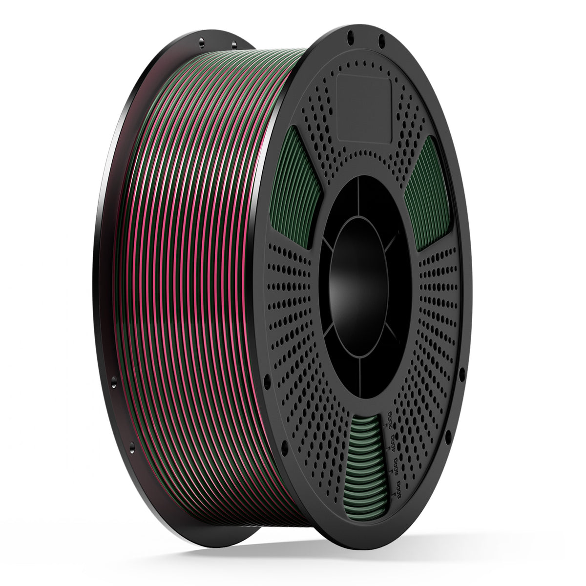 PLA filament spool with rainbow gradient stripes on a dark gray reel