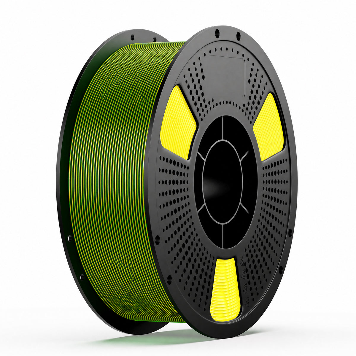 PLA filament spool with bright green filament and yellow stripe accents on dark reel