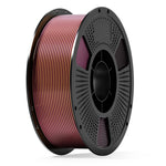 PLA filament spool with magenta and green gradient stripes on a dark gray reel