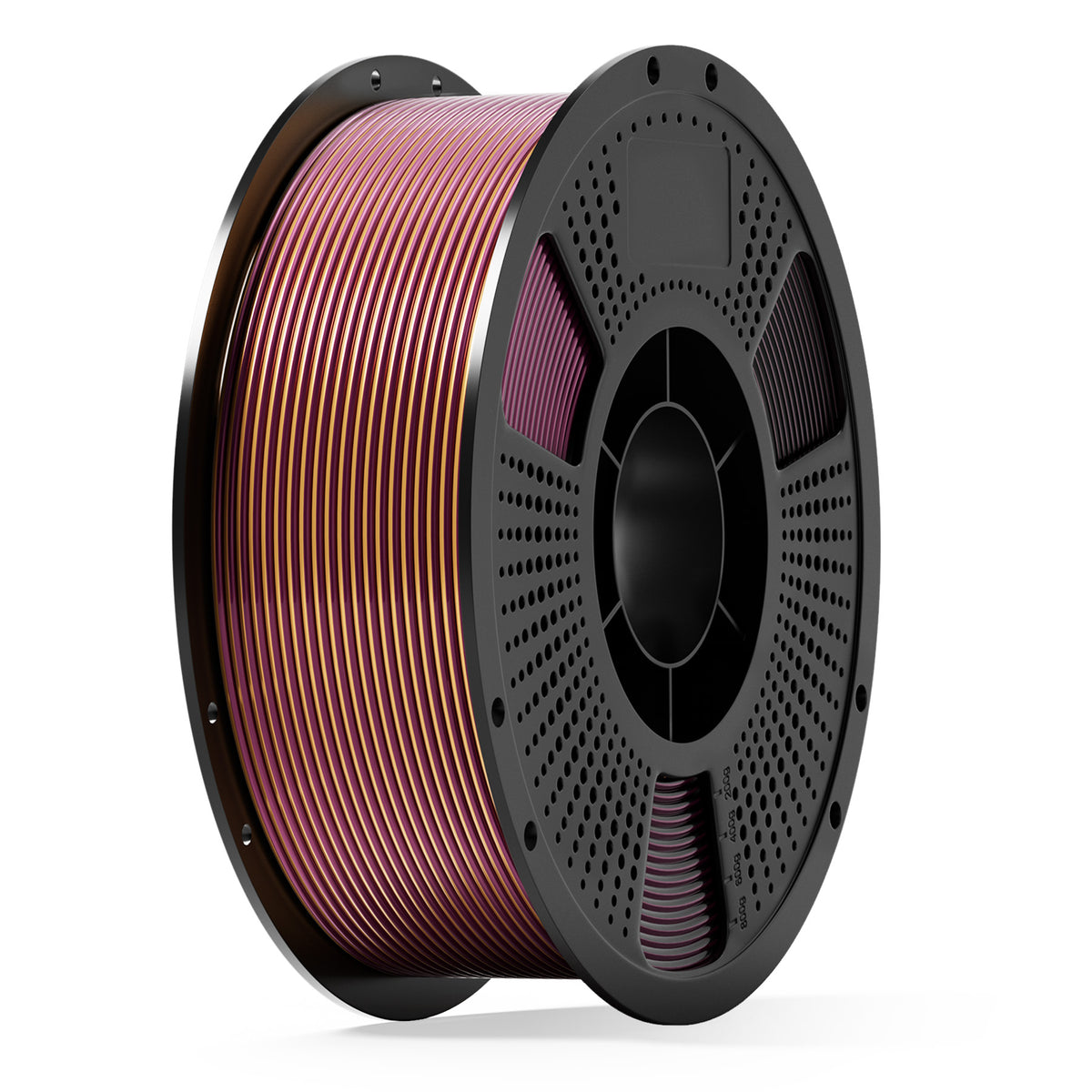 PLA filament spool with magenta and green gradient stripes on a dark gray reel