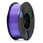 PLA filament spool with purple-to-blue gradient stripes on dark gray reel