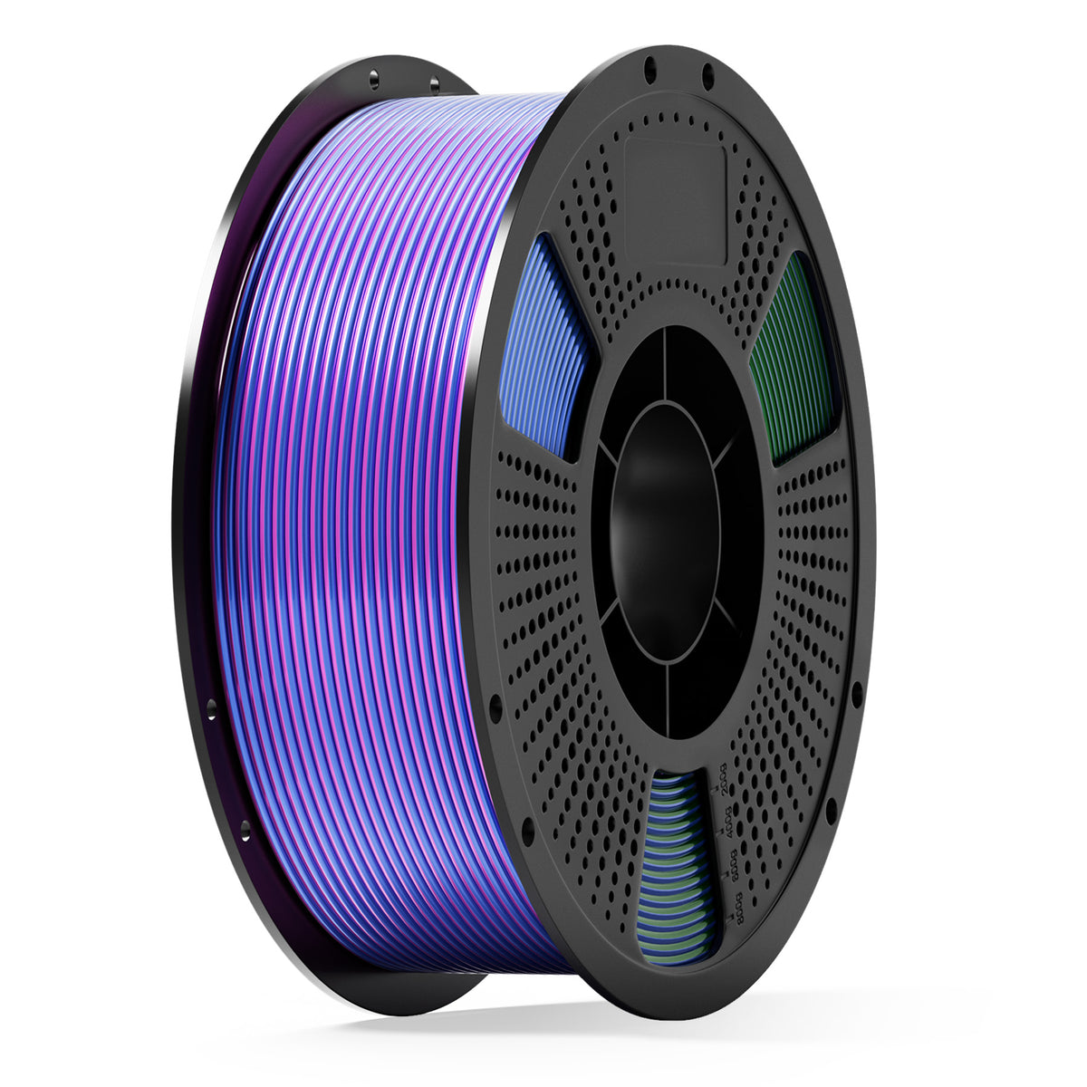 PLA filament spool with purple-to-blue gradient stripes on dark gray reel
