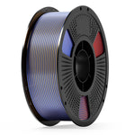 PLA filament spool with rainbow gradient stripes including blue and red accents