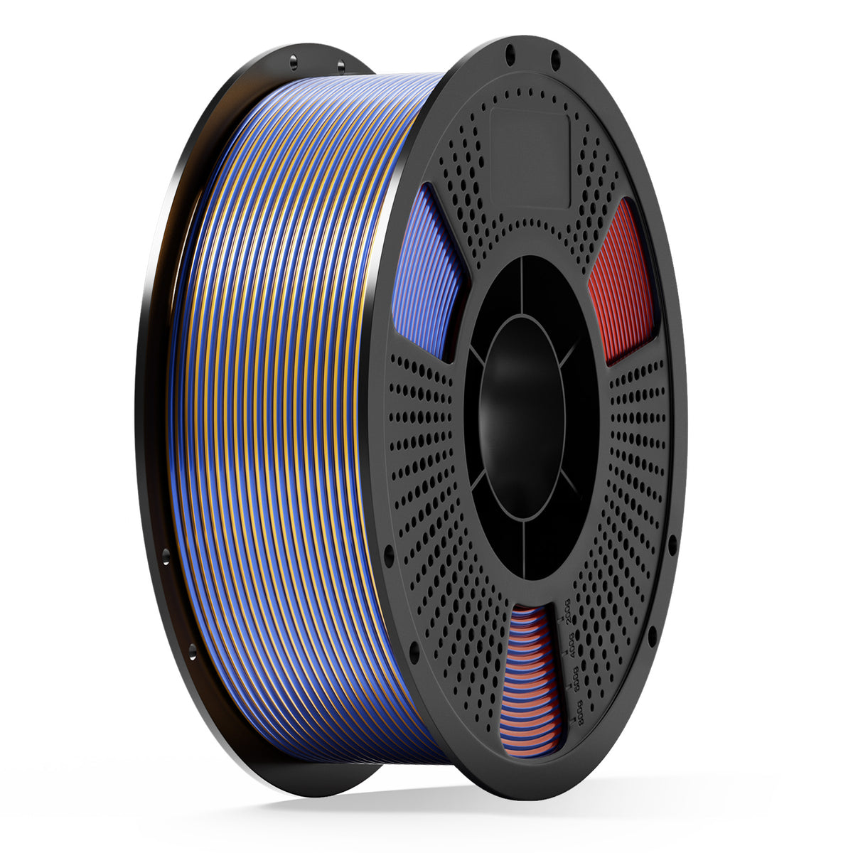 PLA filament spool with rainbow gradient stripes including blue and red accents