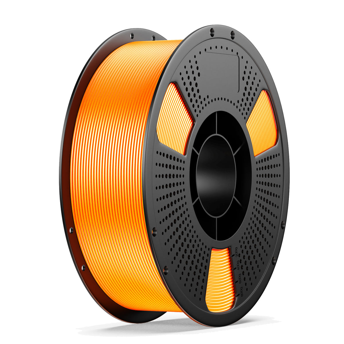 3D printing filament spool with orange PLA+ filament on black perforated reel